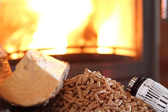 Holzscheit, Pellets und Heizregler liegen vor einem brennenden Kamin